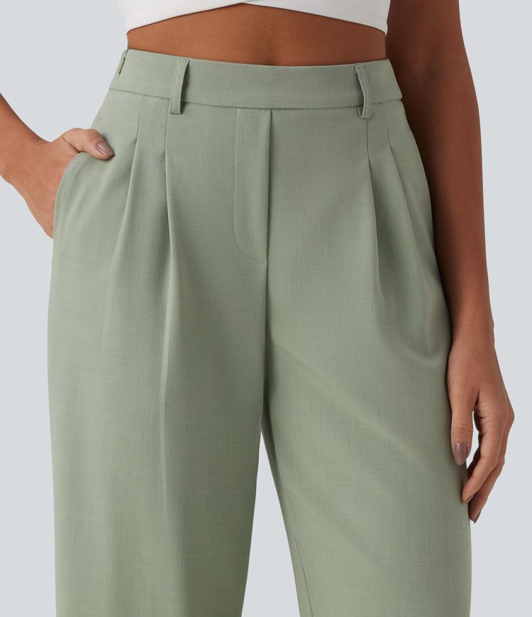 High Waisted Invisible Zipper Pleated Linen-Feel Casual Baggy Pants with Pockets