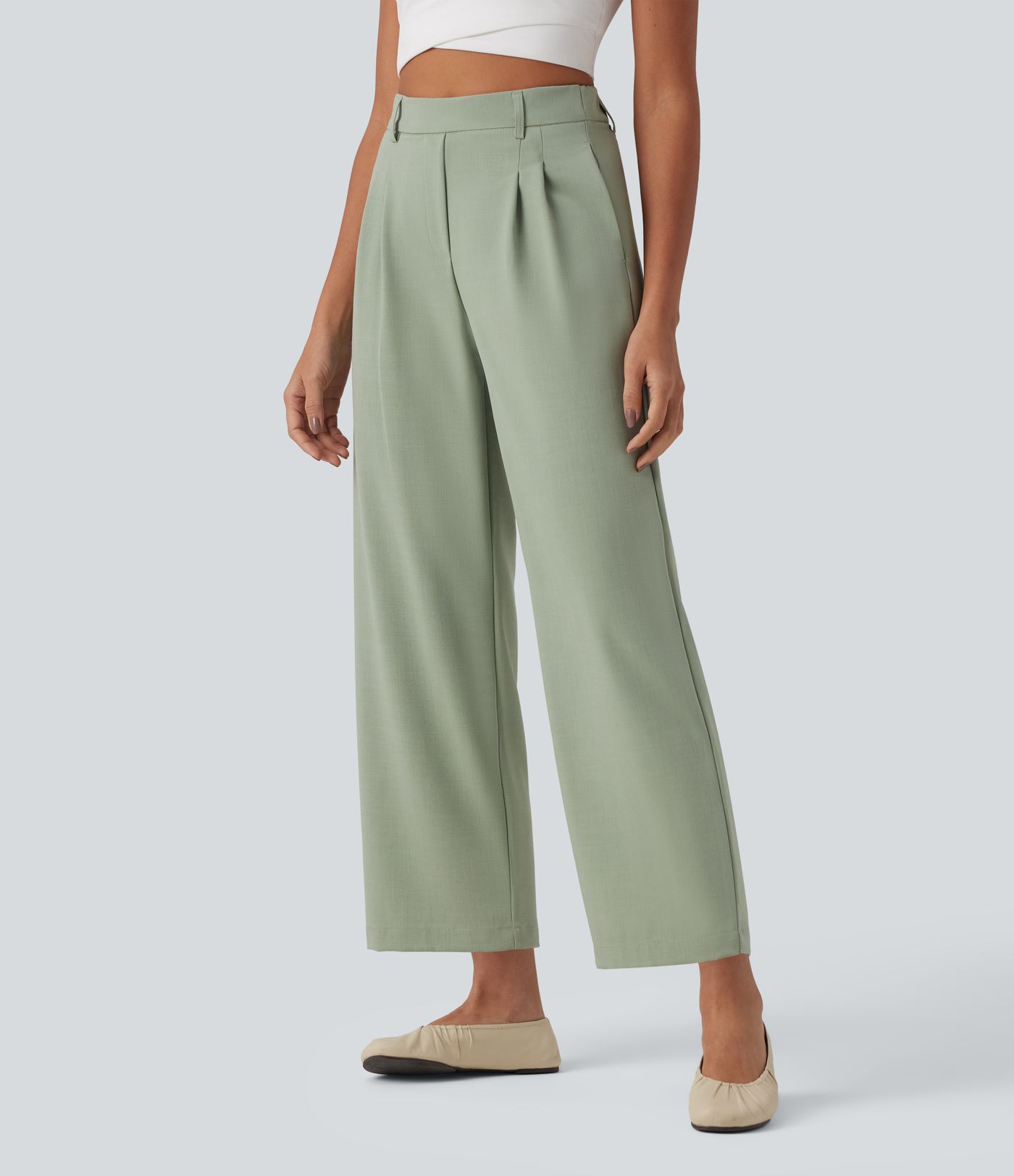 High Waisted Invisible Zipper Pleated Linen-Feel Casual Baggy Pants with Pockets