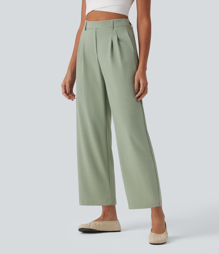 High Waisted Invisible Zipper Pleated Linen-Feel Casual Baggy Pants with Pockets