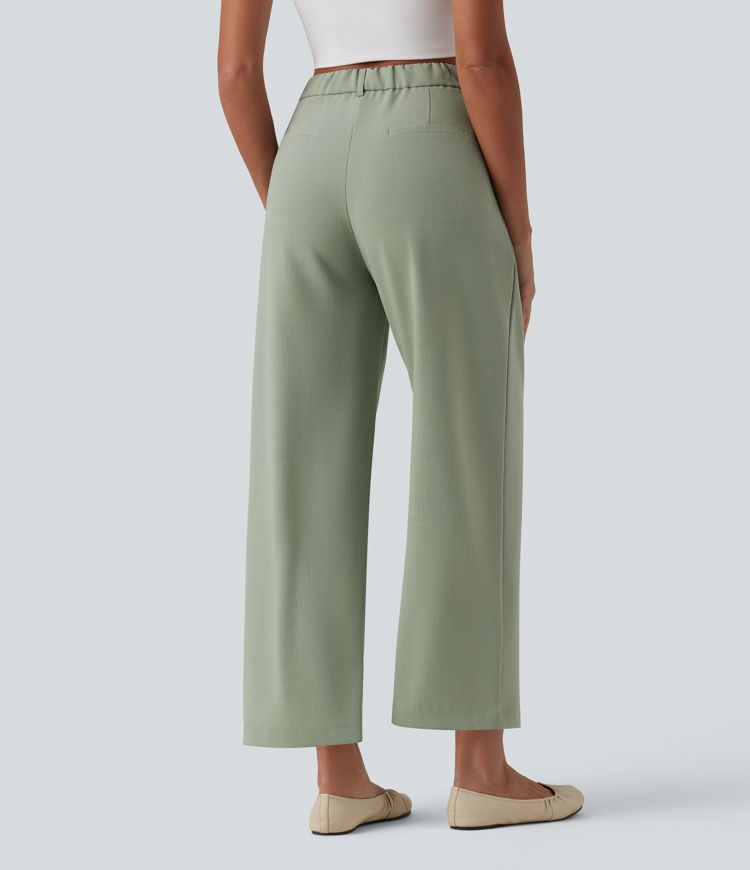 High Waisted Invisible Zipper Pleated Linen-Feel Casual Baggy Pants with Pockets