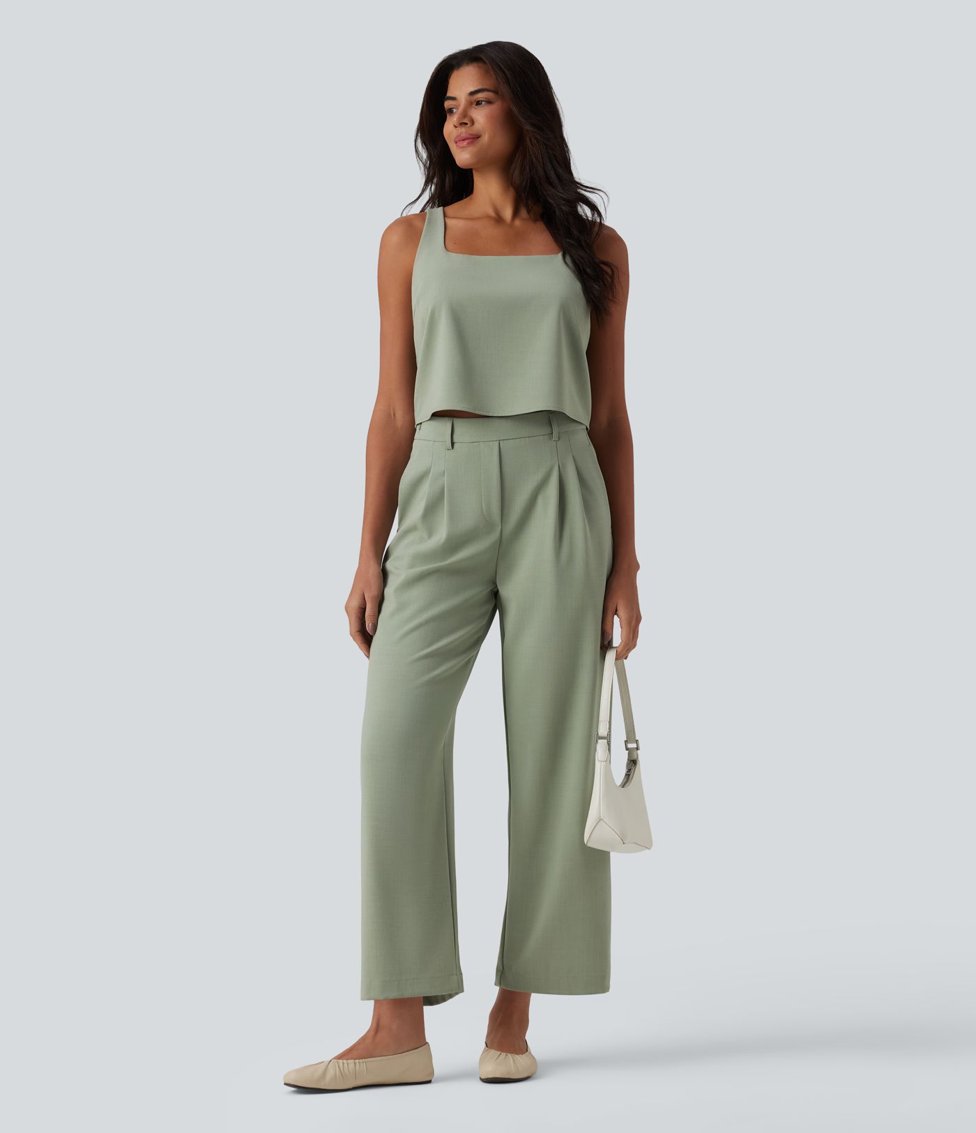 High Waisted Invisible Zipper Pleated Linen-Feel Casual Baggy Pants with Pockets