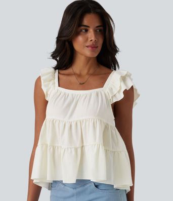Square Neck Flounce Sleeve Ruffle Hem Linen-Feel T-Shirt