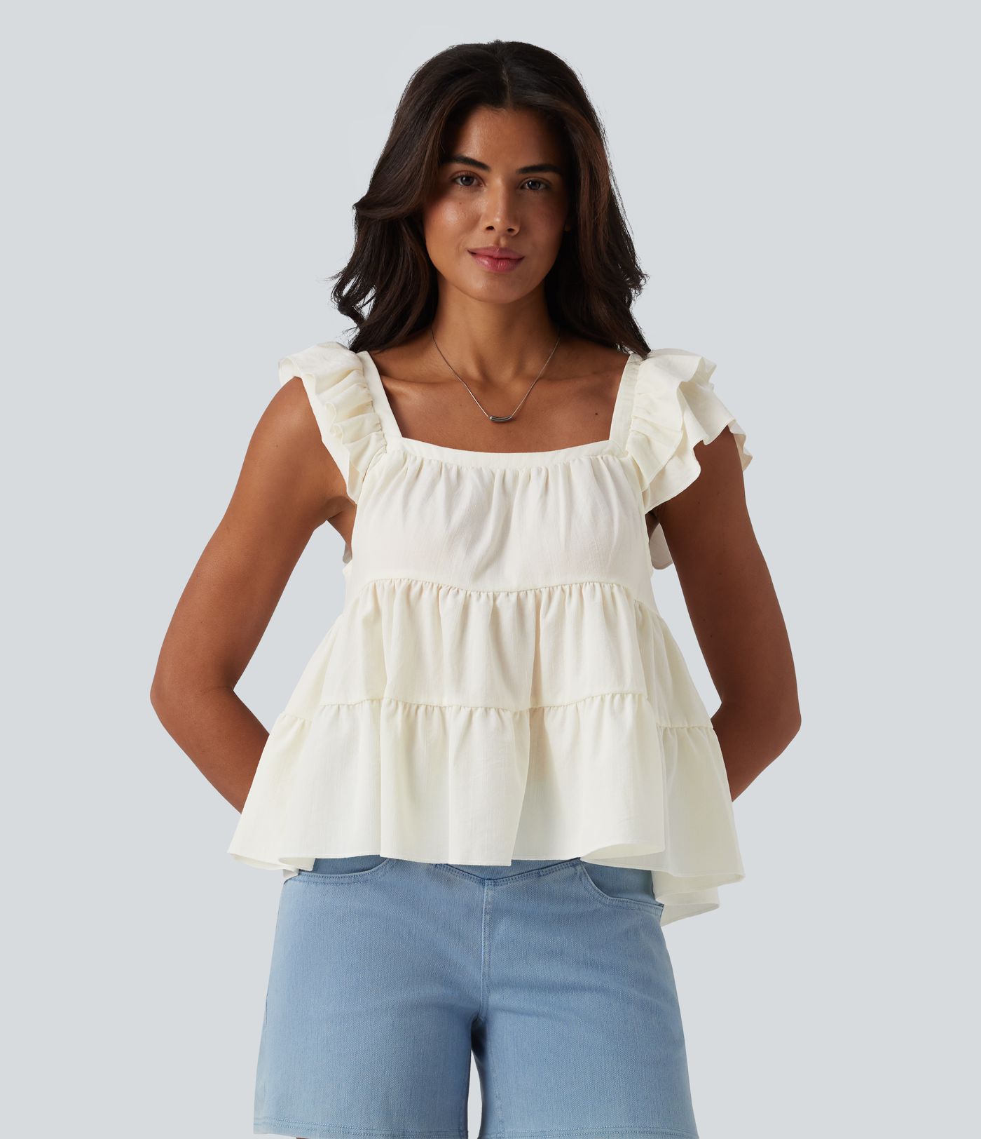 Square Neck Flounce Sleeve Ruffle Hem Linen-Feel T-Shirt