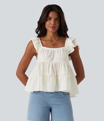 Square Neck Flounce Sleeve Ruffle Hem Linen-Feel T-Shirt