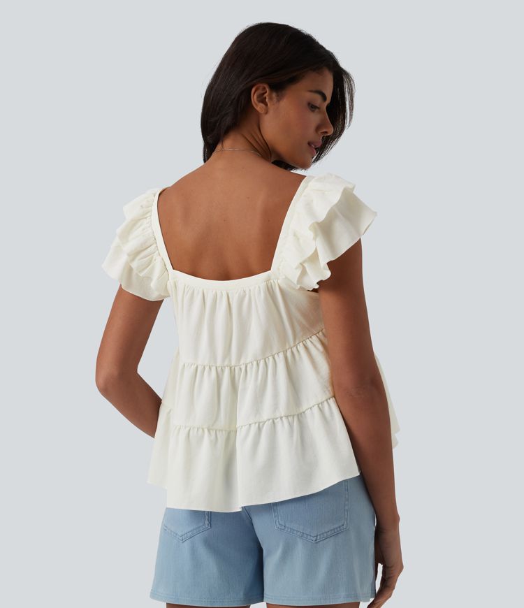 Square Neck Flounce Sleeve Ruffle Hem Linen-Feel T-Shirt