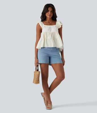 Square Neck Flounce Sleeve Ruffle Hem Linen-Feel T-Shirt