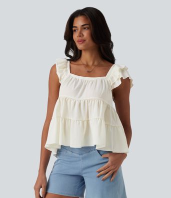 Square Neck Flounce Sleeve Ruffle Hem Linen-Feel T-Shirt