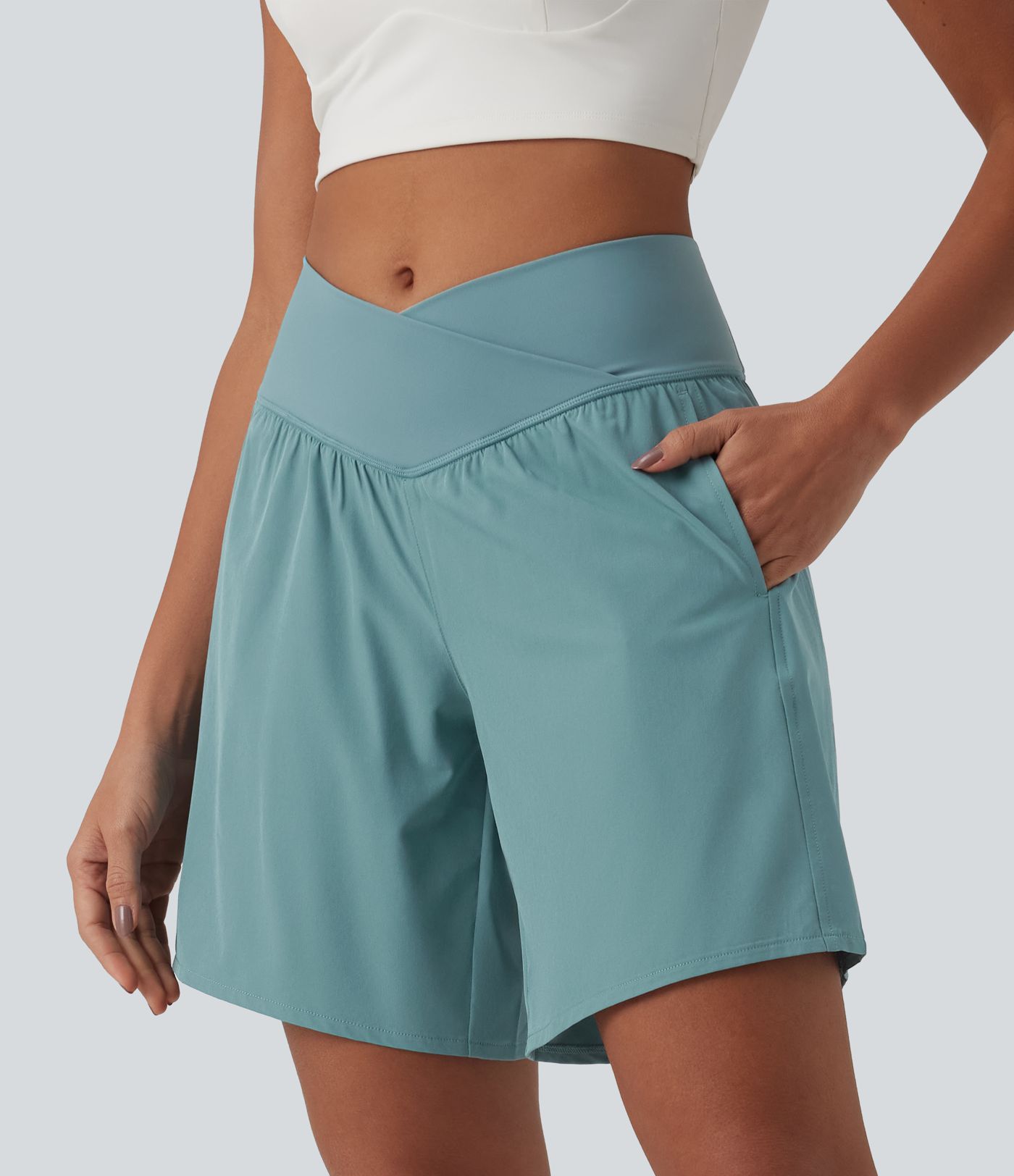 Breezeful™ High Waisted Crossover 2-in-1 Quick Dry Yoga Shorts 7'' with Pockets
