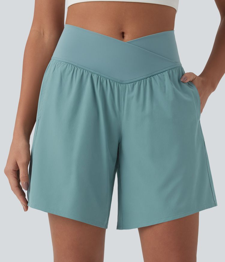 Breezeful™ High Waisted Crossover 2-in-1 Quick Dry Yoga Shorts 7'' with Pockets