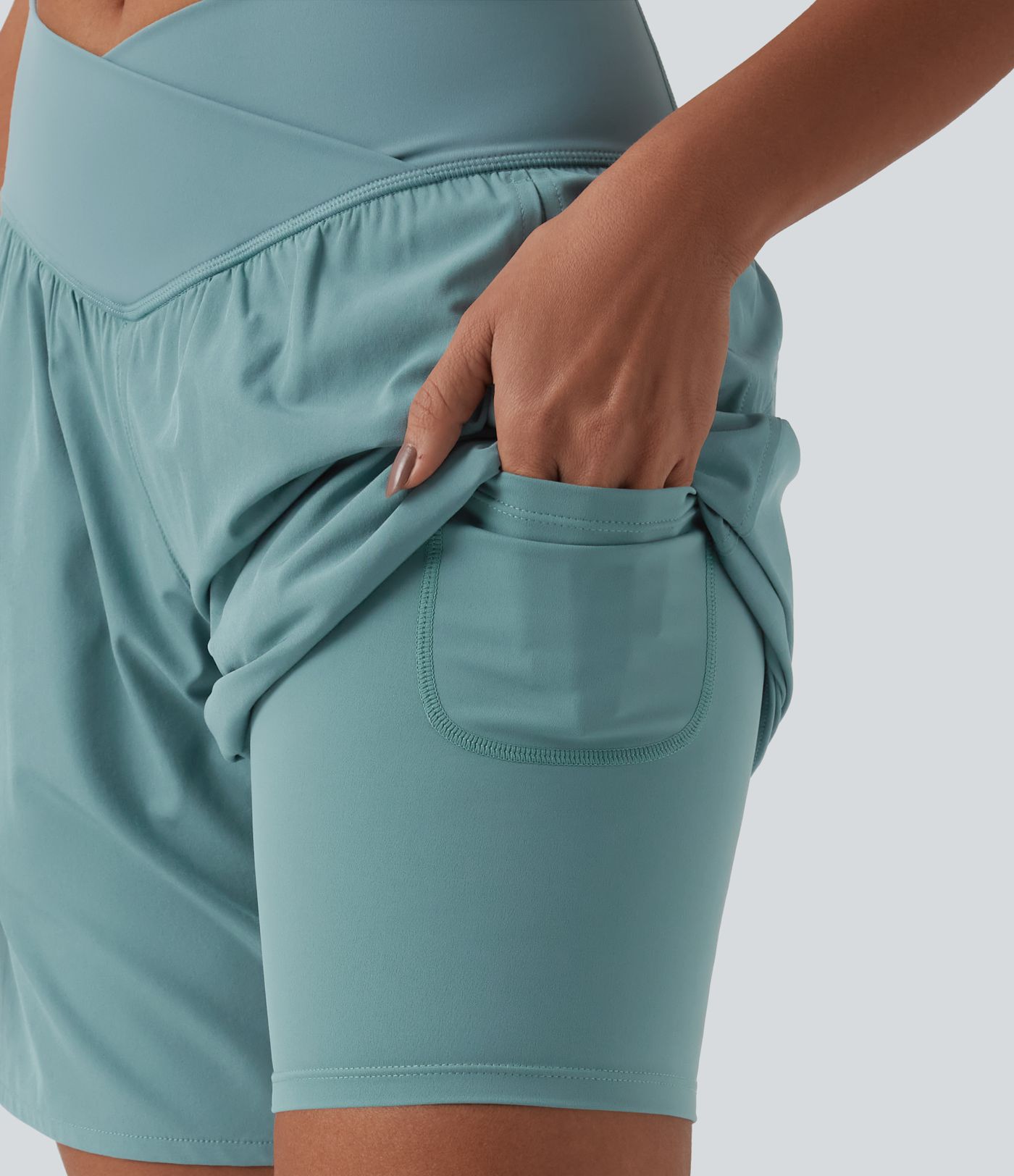 Breezeful™ High Waisted Crossover 2-in-1 Quick Dry Yoga Shorts 7'' with Pockets