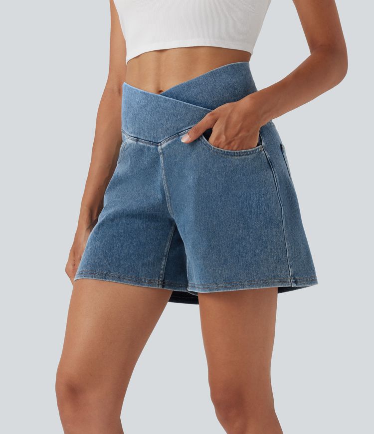 Halara Flex™ Crossover High Waisted Pockets Wide Leg A Line Washed Denim Casual Shorts
