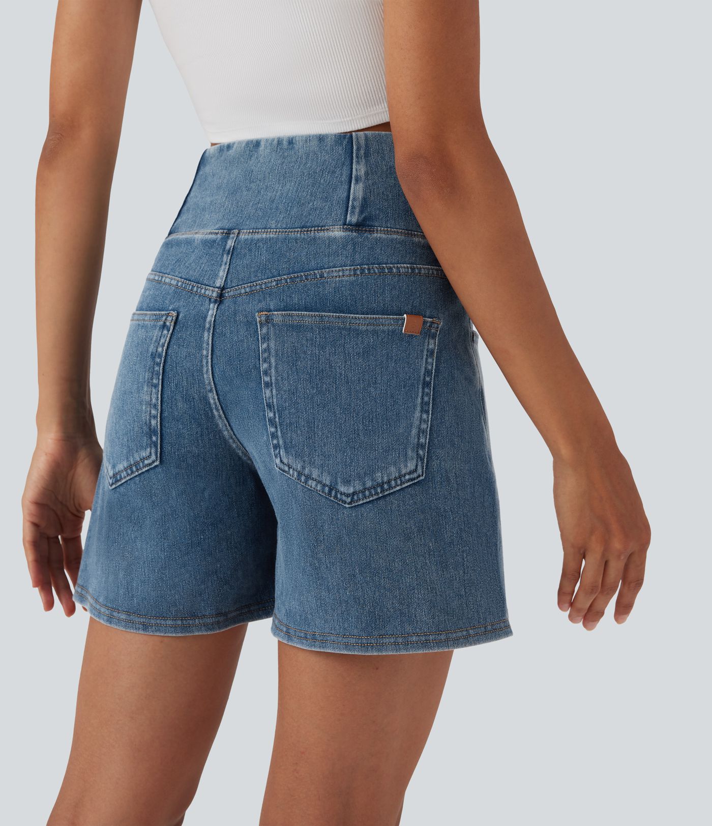 Halara Flex™ Crossover High Waisted Pockets Wide Leg A Line Washed Denim Casual Shorts