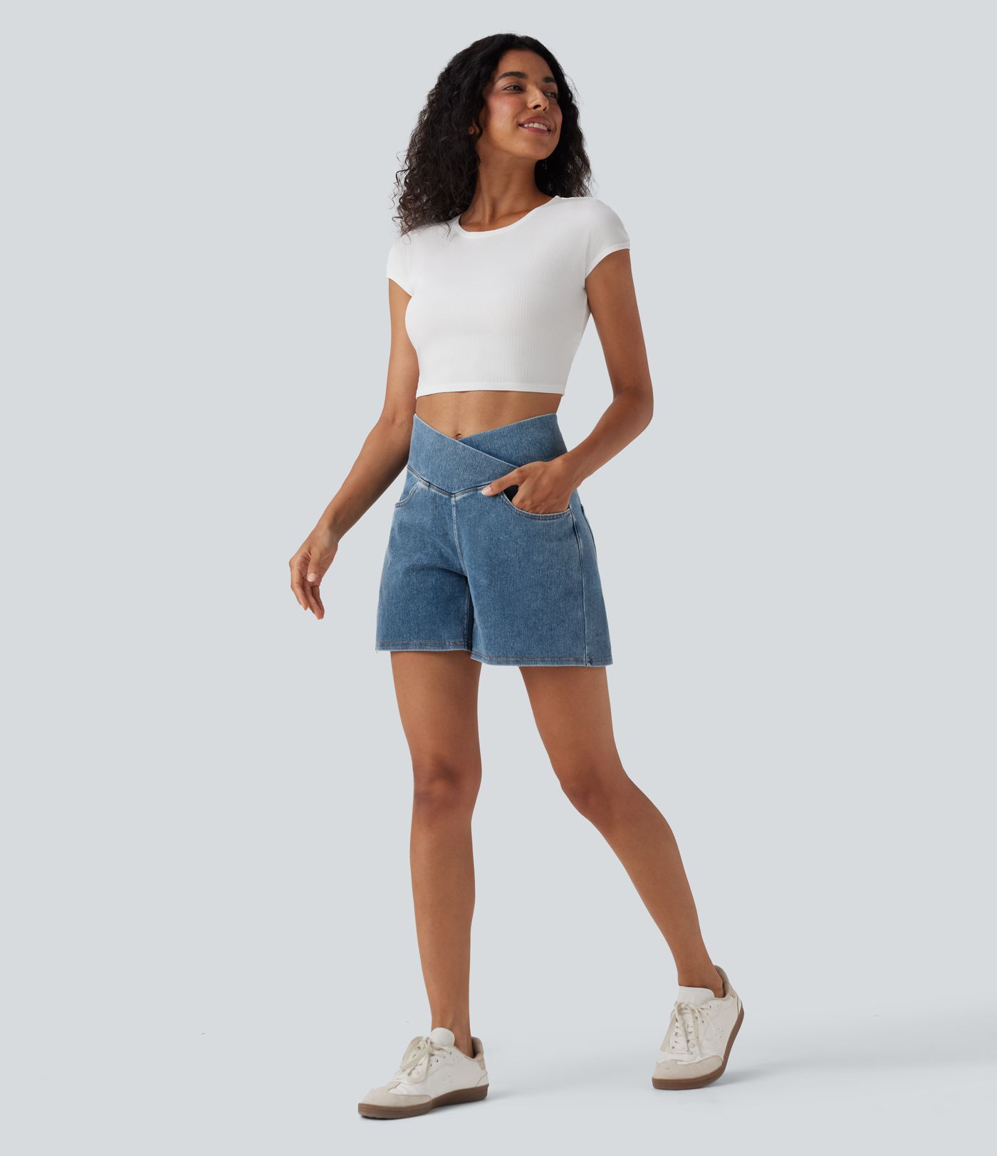 Halara Flex™ Crossover High Waisted Pockets Wide Leg A Line Washed Denim Casual Shorts