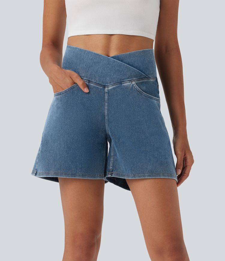 Halara Flex™ Crossover High Waisted Pockets Wide Leg A Line Washed Denim Casual Shorts