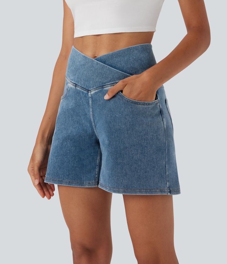Halara Flex™ Crossover High Waisted Pockets Wide Leg A Line Washed Denim Casual Shorts