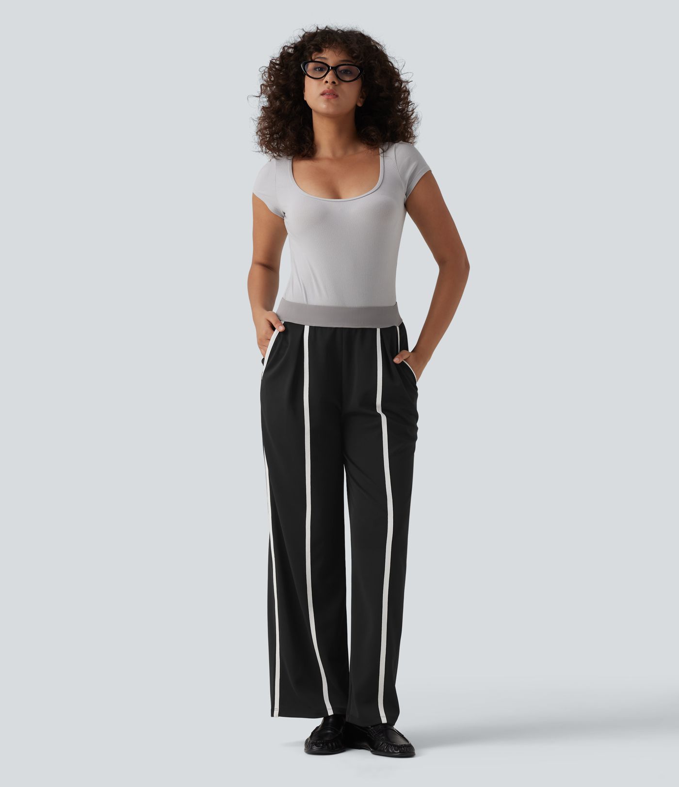 Pantalon tailleur droit Halara Flex™ crêpe taille haute color block à rayures avec poches
