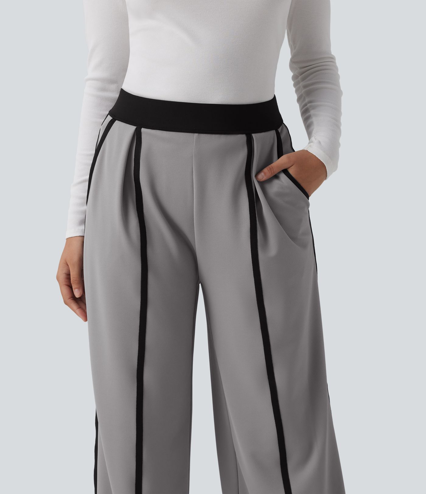 Halara Flex™ - Stoffhose aus Crêpe mit hohem Bund, Seitentaschen, Farbblock und geradem Bein