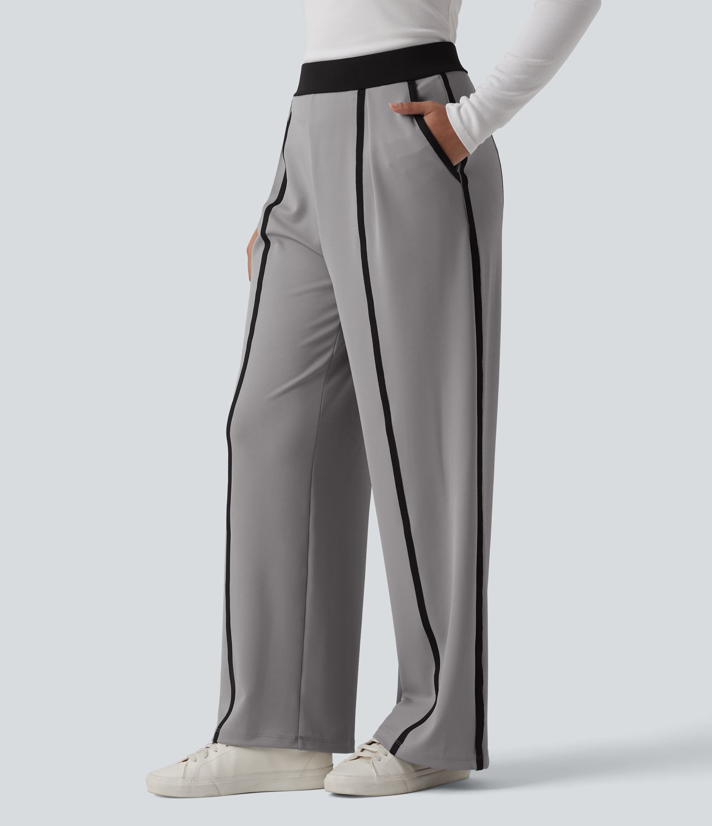 Halara Flex™ - Stoffhose aus Crêpe mit hohem Bund, Seitentaschen, Farbblock und geradem Bein