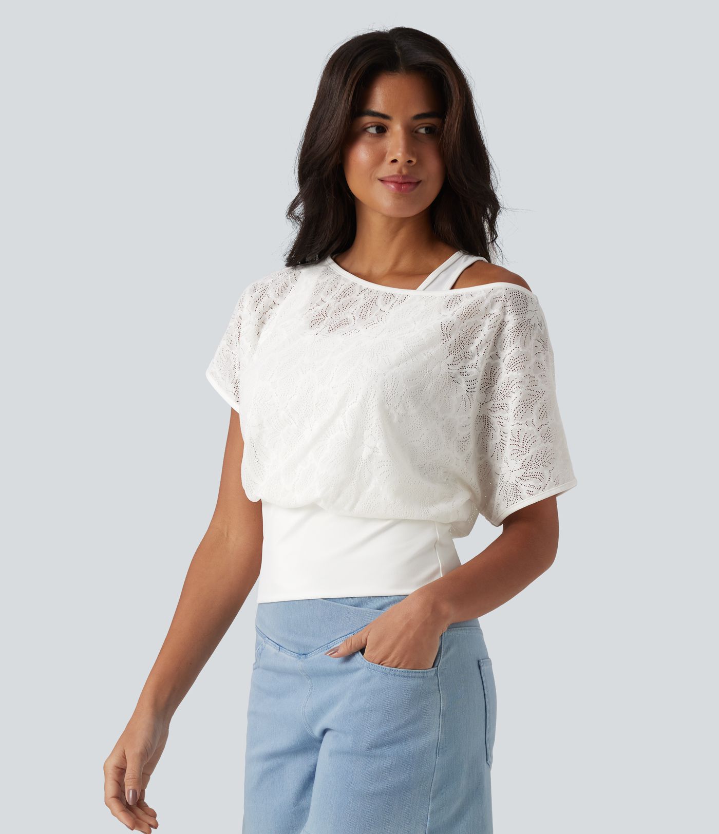 One Shoulder Short Sleeve 2-in-1 Contrast Lace Casual Top
