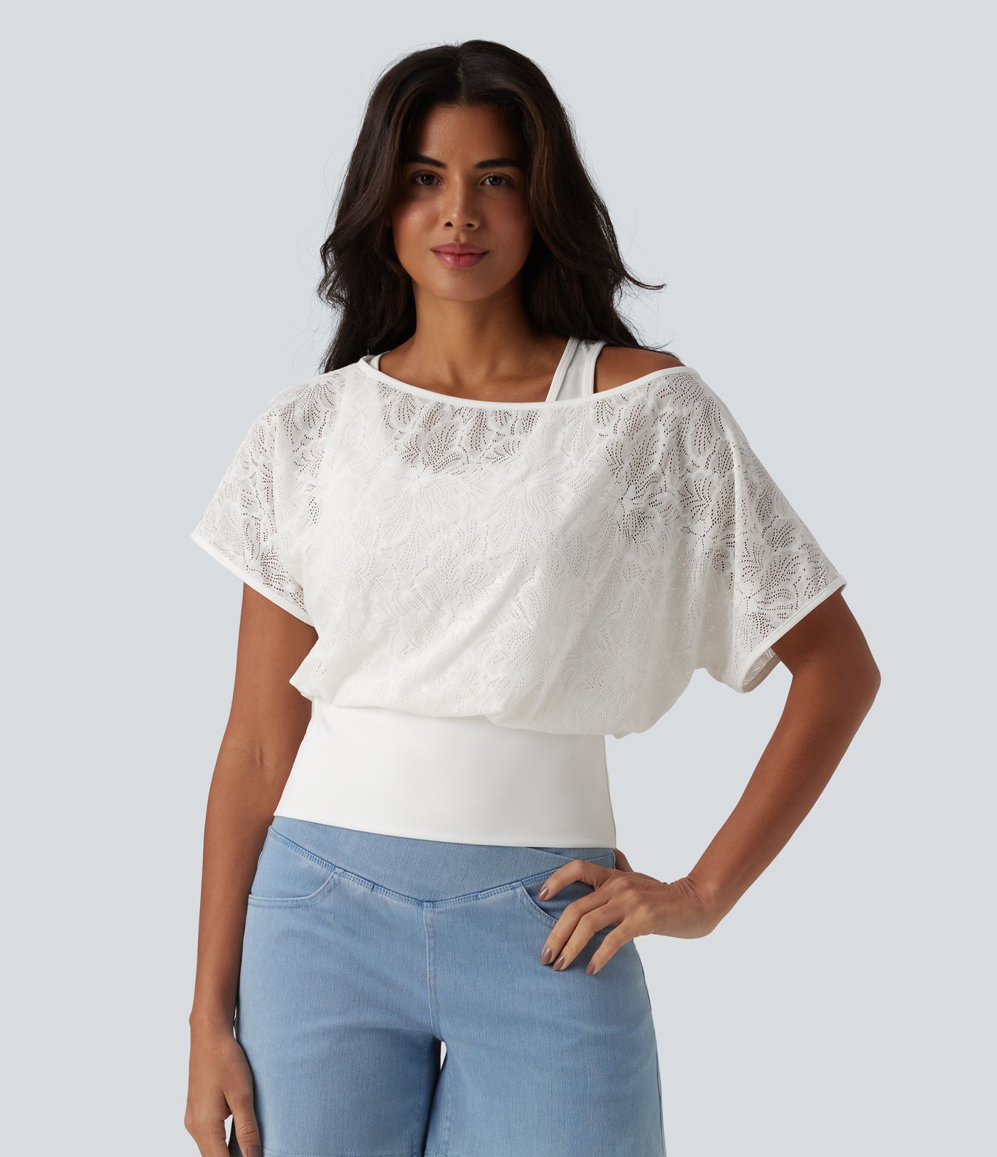 One Shoulder Short Sleeve 2-in-1 Contrast Lace Casual Top