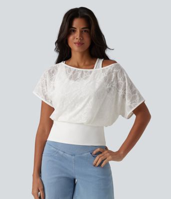 One Shoulder Short Sleeve 2-in-1 Contrast Lace Casual Top