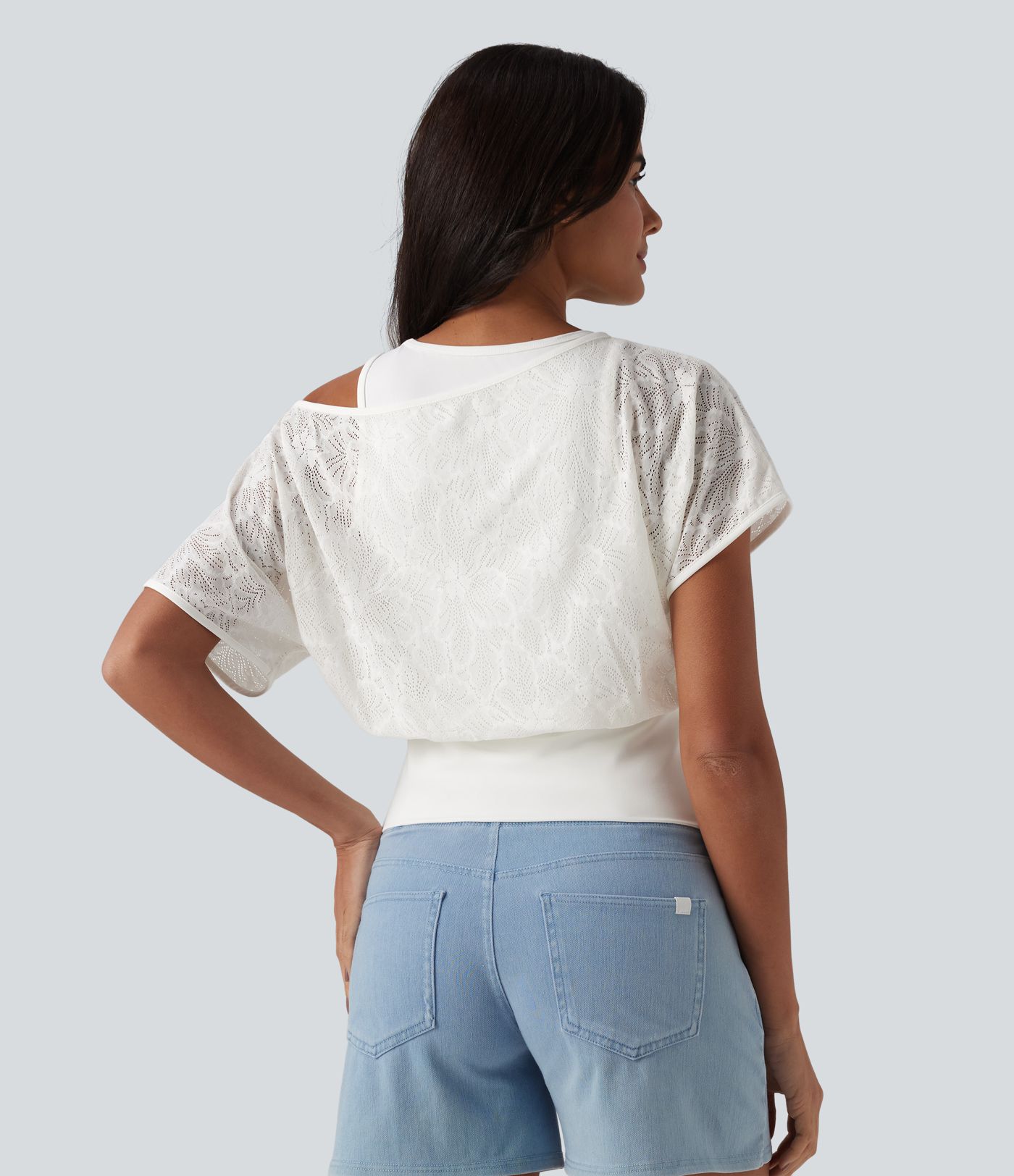 One Shoulder Short Sleeve 2-in-1 Contrast Lace Casual Top