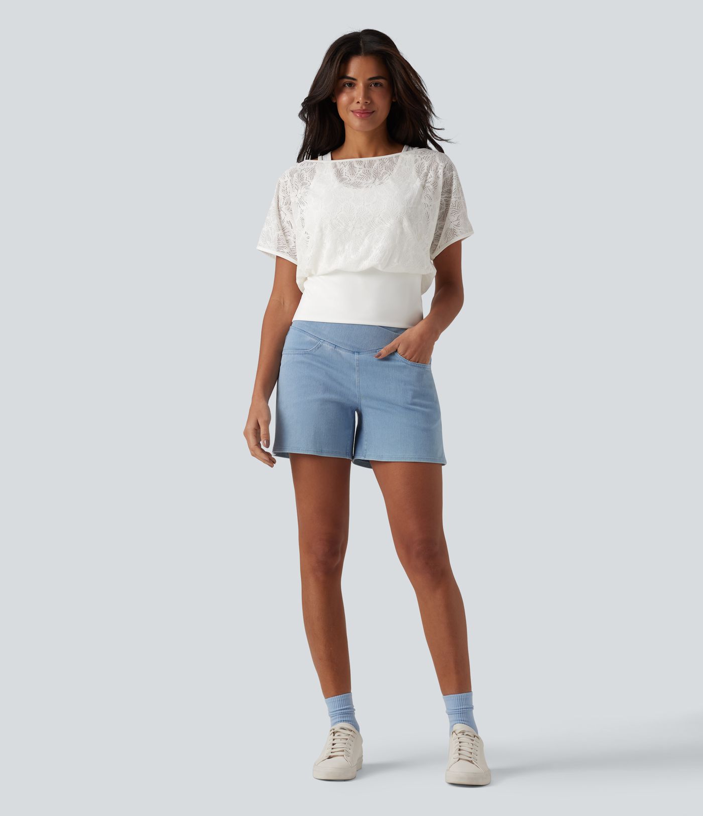 One Shoulder Short Sleeve 2-in-1 Contrast Lace Casual Top