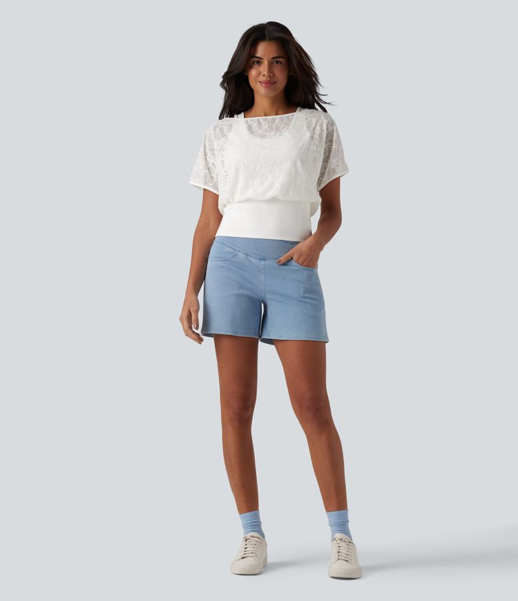 One Shoulder Short Sleeve 2-in-1 Contrast Lace Casual Top