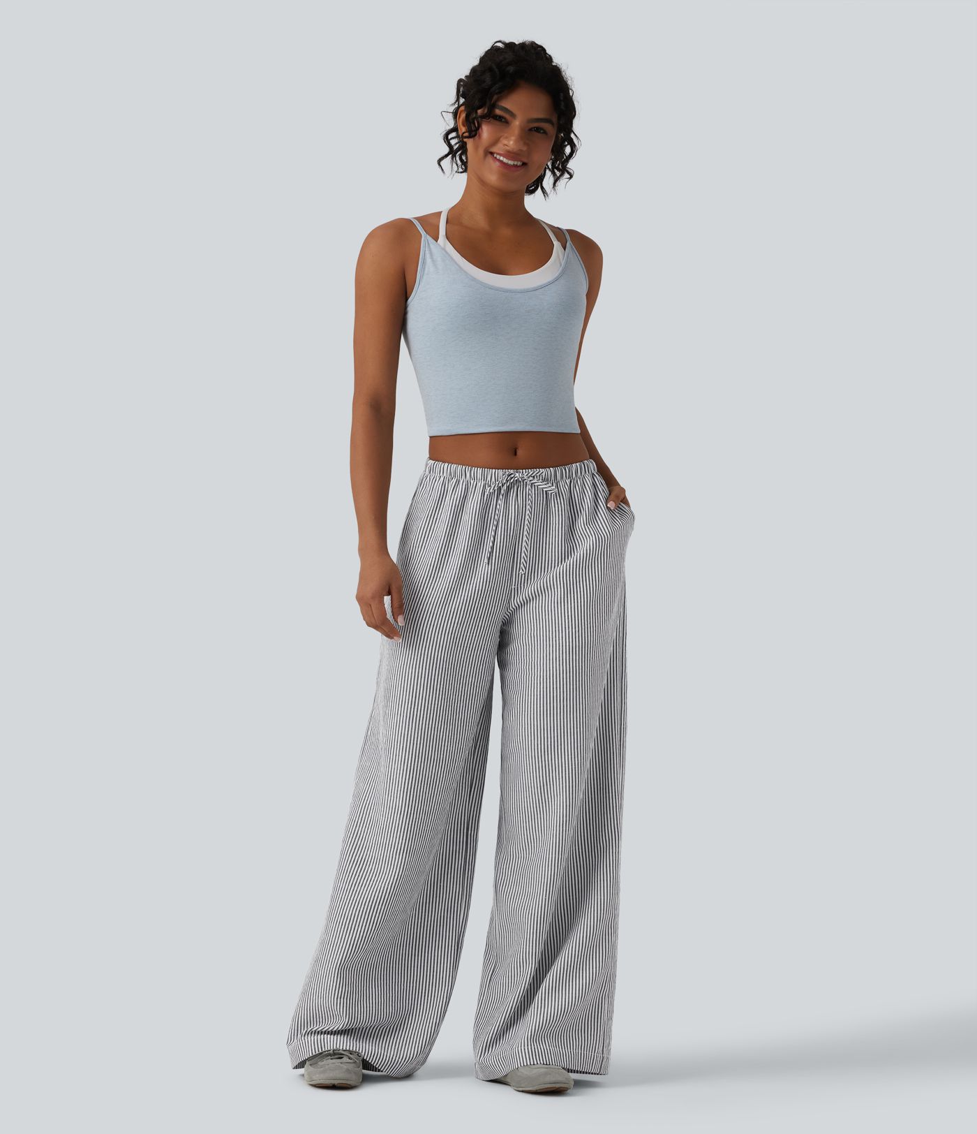 Low Rise Drawstring Stripes Linen-Feel Casual Baggy Trousers with Pockets