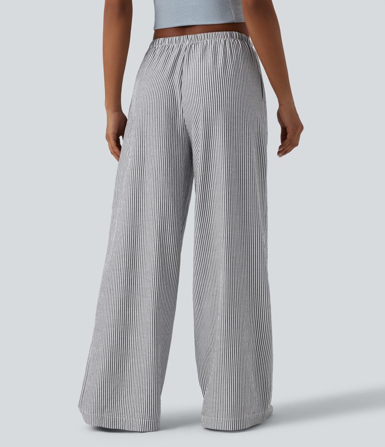 Low Rise Drawstring Stripes Linen-Feel Casual Baggy Trousers with Pockets