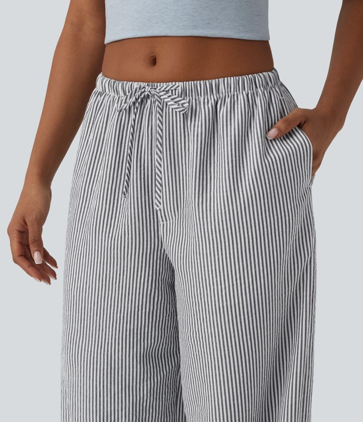 Low Rise Drawstring Stripes Linen-Feel Casual Baggy Trousers with Pockets