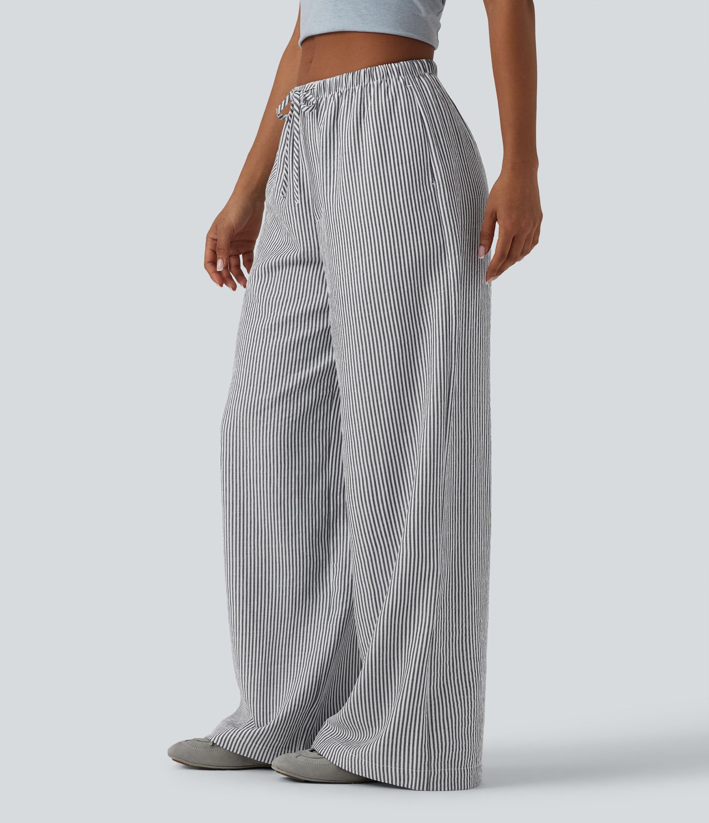 Low Rise Drawstring Stripes Linen-Feel Casual Baggy Trousers with Pockets