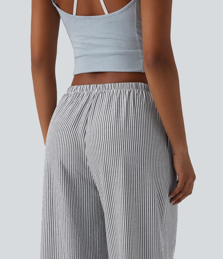 Low Rise Drawstring Stripes Linen-Feel Casual Baggy Trousers with Pockets
