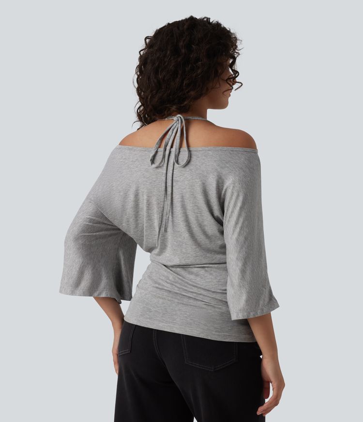 Ribbed Heathered Off-shoulder Batwing 3/4 Sleeve Ruched Casual Halter Top