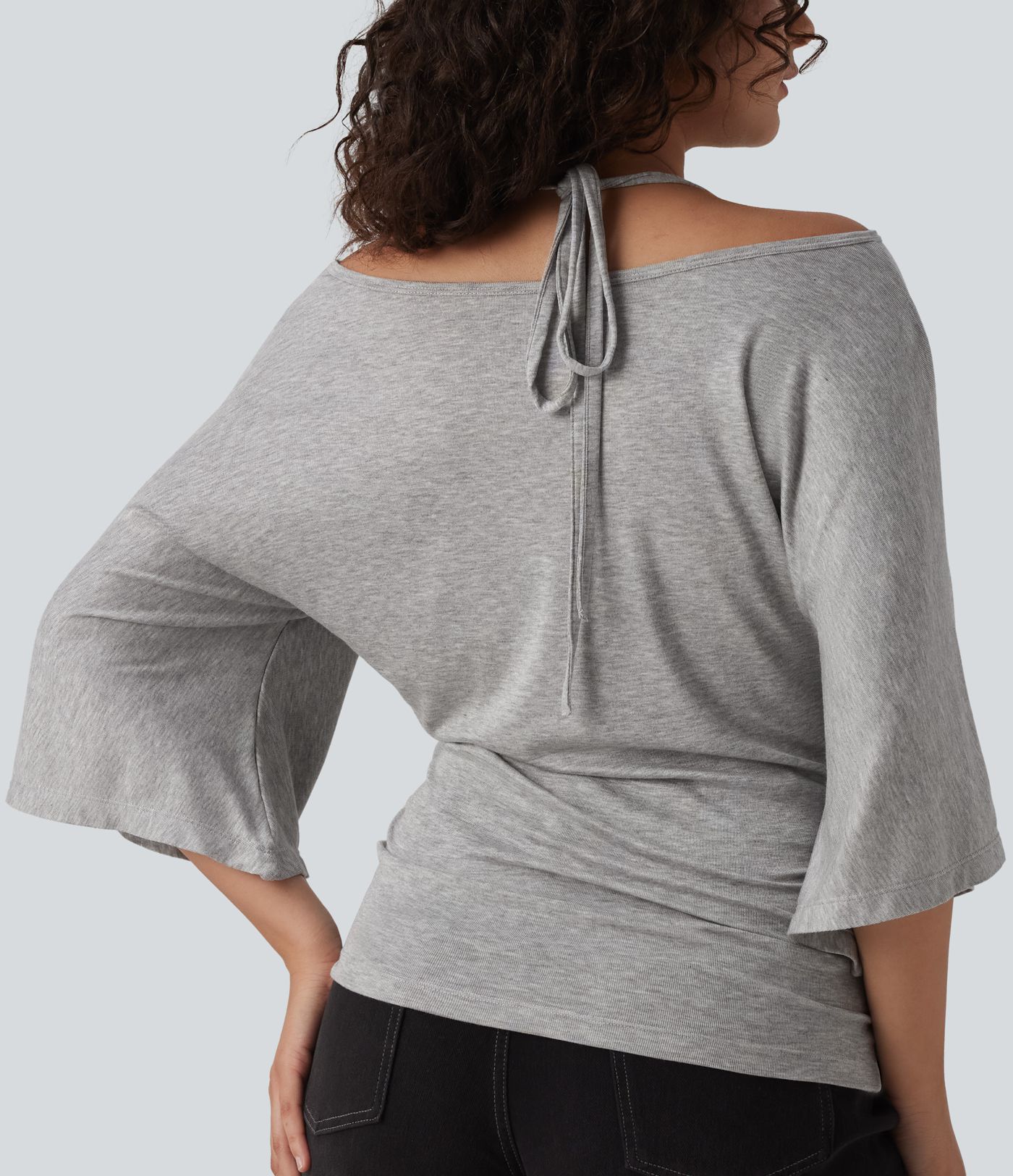 Ribbed Heathered Off-shoulder Batwing 3/4 Sleeve Ruched Casual Halter Top