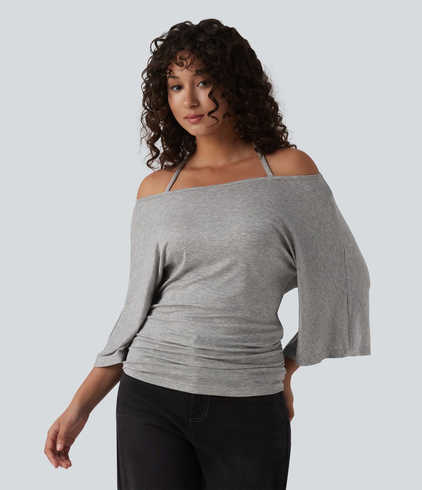 Ribbed Heathered Off-shoulder Batwing 3/4 Sleeve Ruched Casual Halter Top