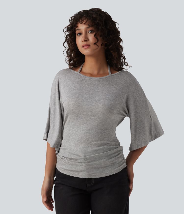 Ribbed Heathered Off-shoulder Batwing 3/4 Sleeve Ruched Casual Halter Top