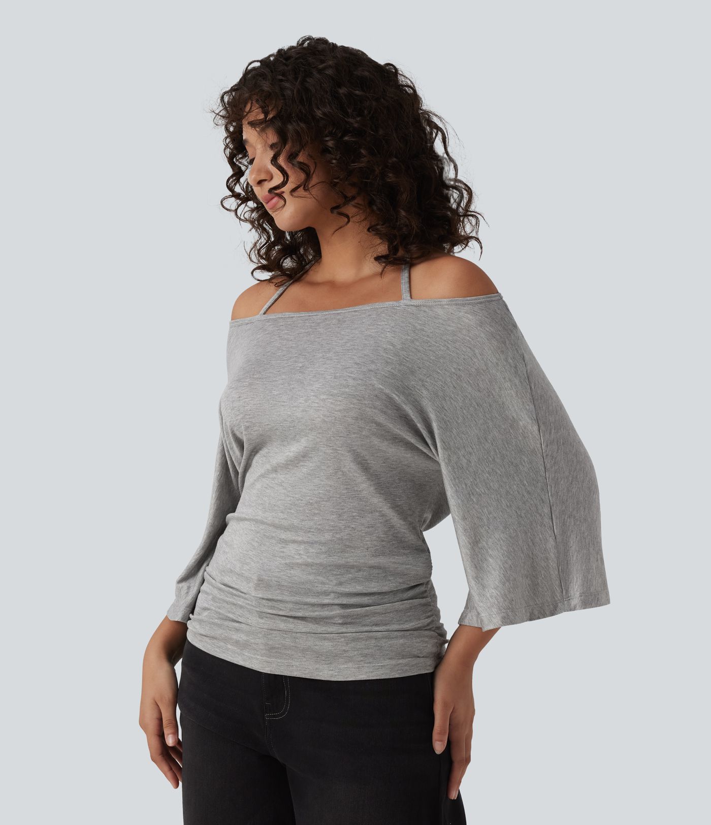 Ribbed Heathered Off-shoulder Batwing 3/4 Sleeve Ruched Casual Halter Top