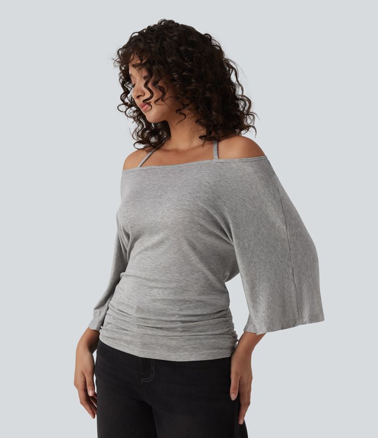 Ribbed Heathered Off-shoulder Batwing 3/4 Sleeve Ruched Casual Halter Top