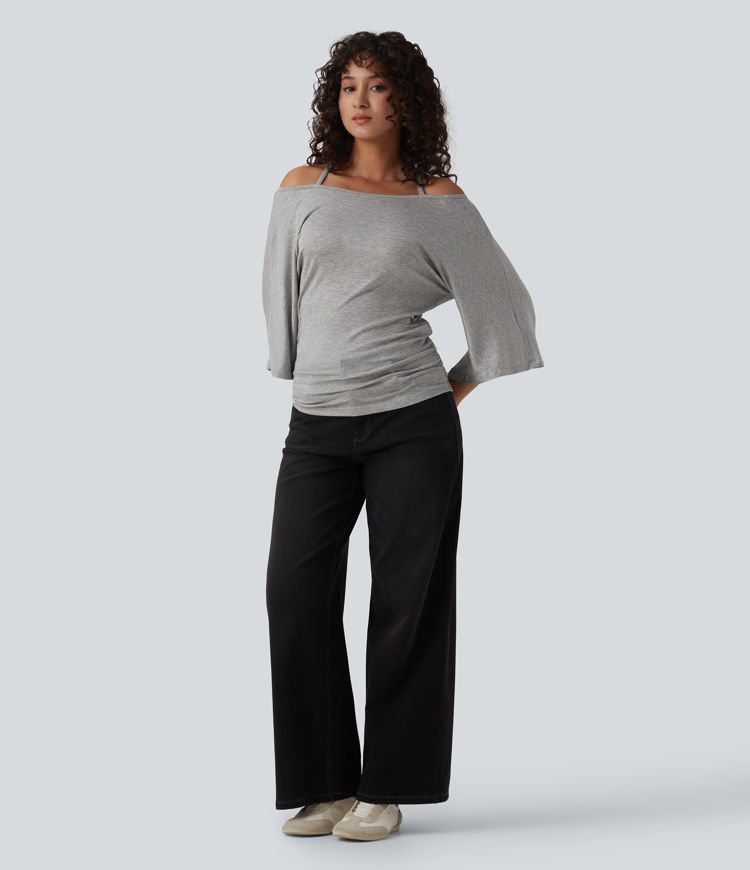 Ribbed Heathered Off-shoulder Batwing 3/4 Sleeve Ruched Casual Halter Top