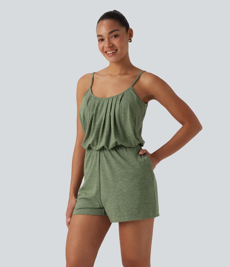 Combishort décontractée col U bretelles ajustables plissée avec brassière intégrée et poches - Easy Peasy