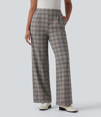 Halara Flex™ Pantalon de travail à taille haute, à jambe large et à carreaux, avec poches