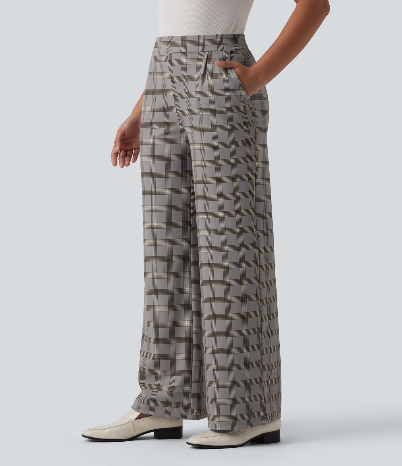 Halara Flex™ Pantalon de travail à taille haute, à jambe large et à carreaux, avec poches