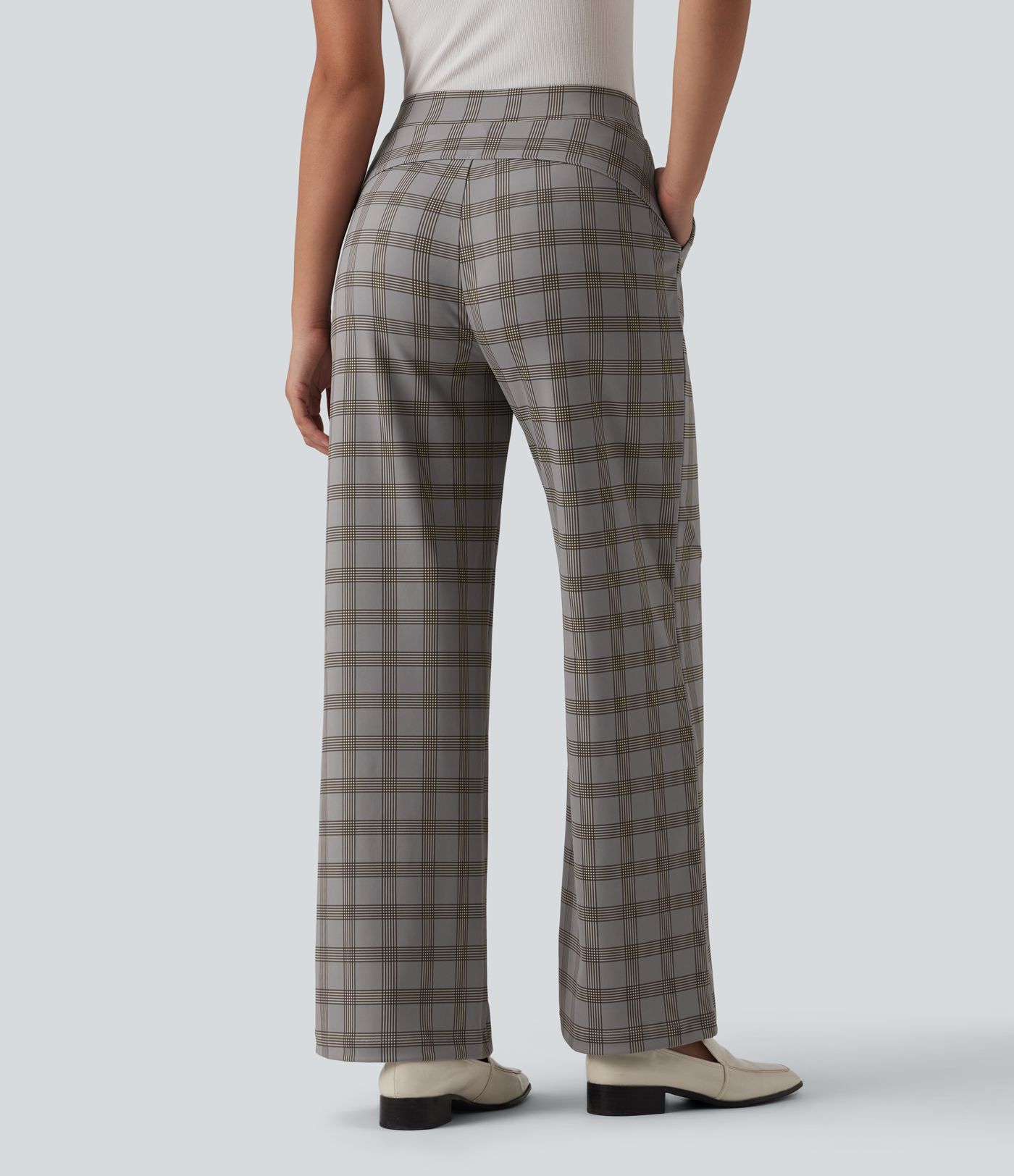 Halara Flex™ Pantalon de travail à taille haute, à jambe large et à carreaux, avec poches