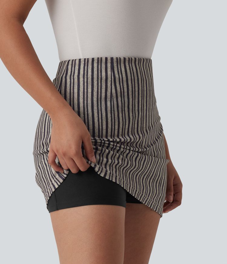 High Waisted 2-in-1 Stripes Work Bodycon Mini Skirt