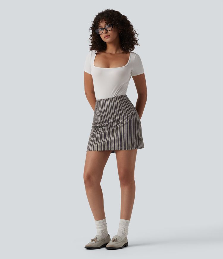 High Waisted 2-in-1 Stripes Work Bodycon Mini Skirt