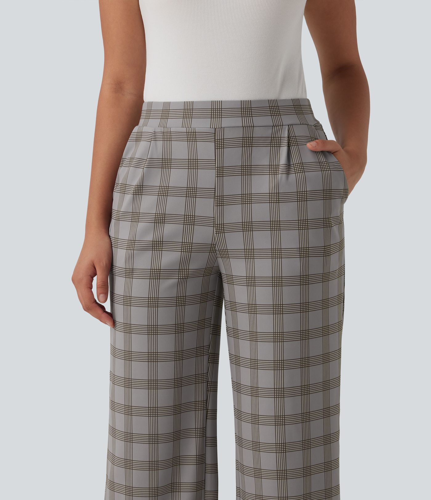 Halara Flex™ Pantalon de travail à taille haute, à jambe large et à carreaux, avec poches