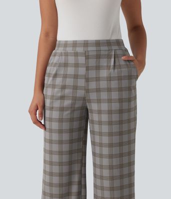 Halara Flex™ Pantalon de travail à taille haute, à jambe large et à carreaux, avec poches