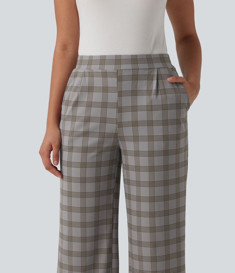 Halara Flex™ Pantalon de travail à taille haute, à jambe large et à carreaux, avec poches