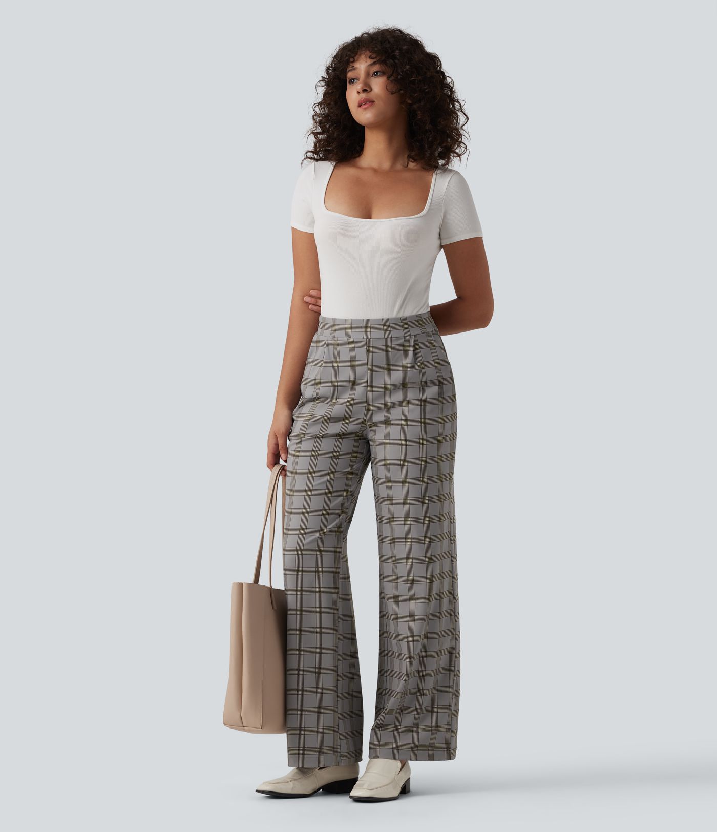 Halara Flex™ Pantalon de travail à taille haute, à jambe large et à carreaux, avec poches